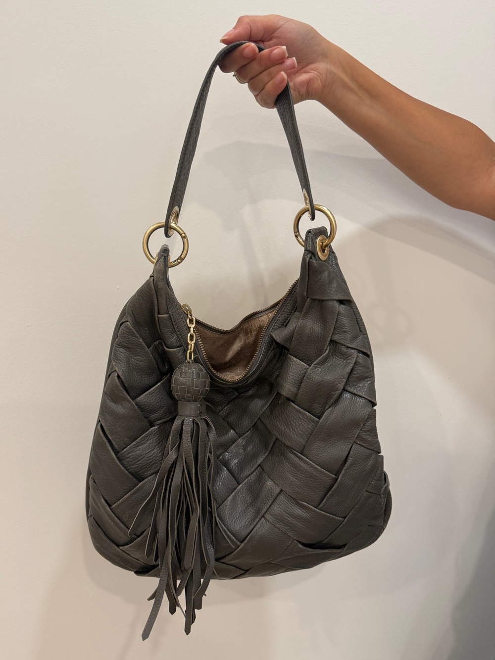 Woven Leather Hobo Bag with Tassel - Charcoal